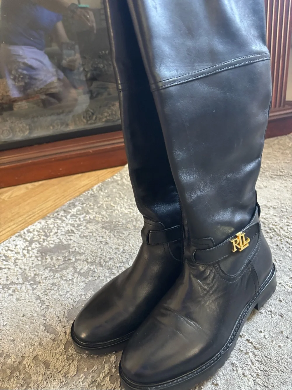 Everly Black Tall Leather Boots with Gold RL Accent